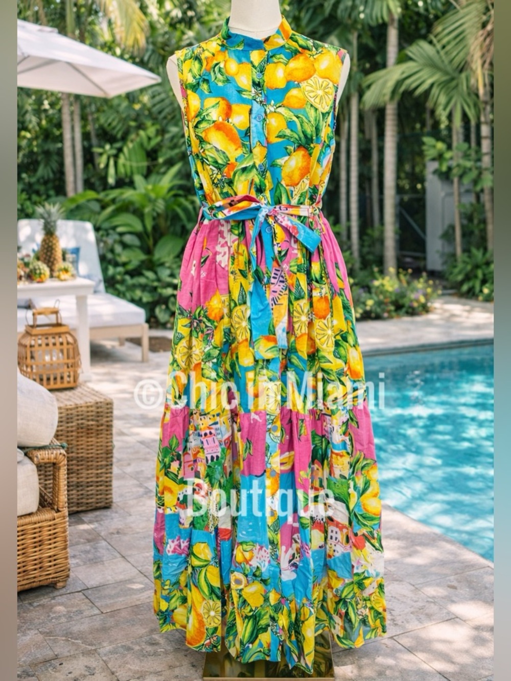 Antica Sartoria 2026 Tropical Lemon Print Maxi Dress with Tie Belt